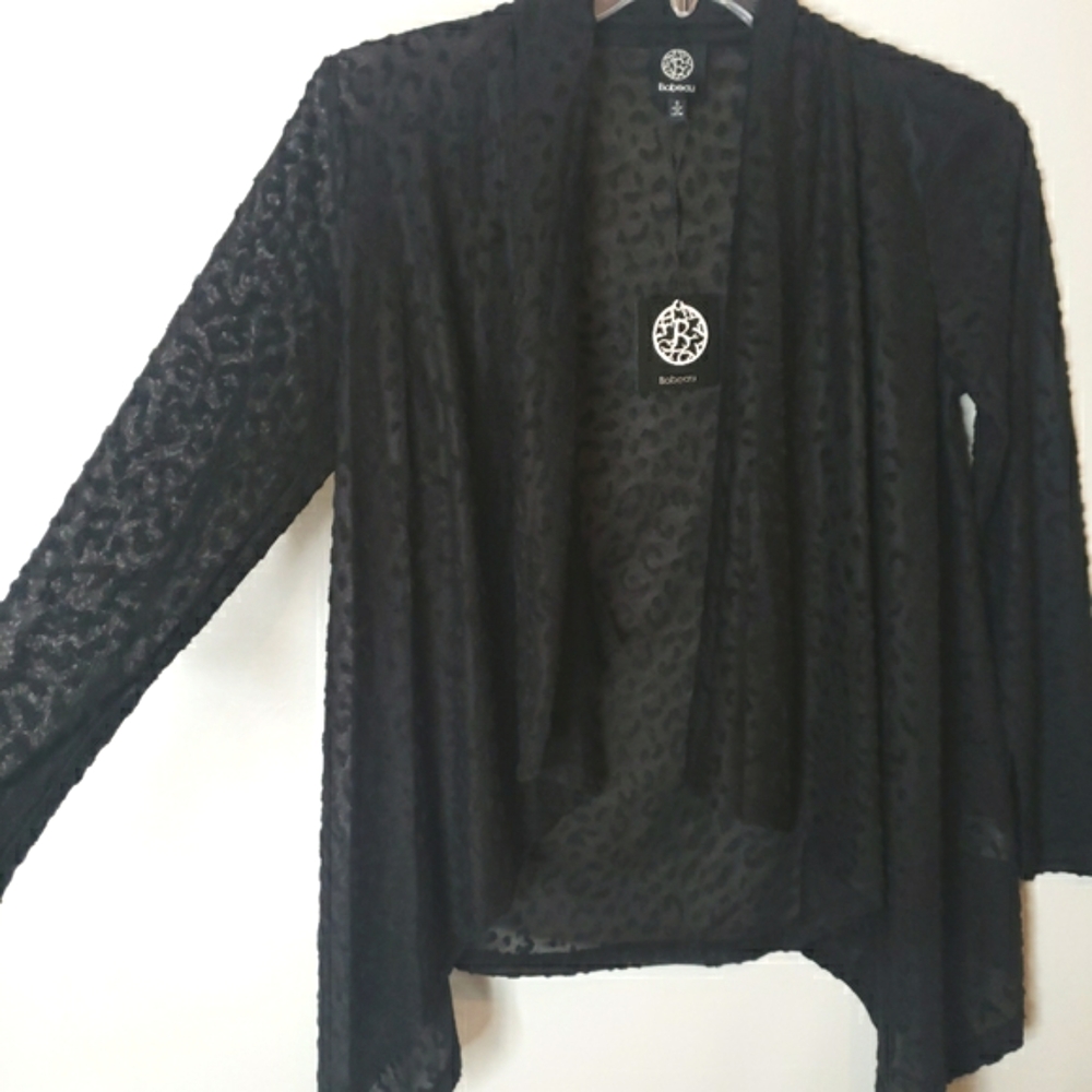 Bobeau Cardigan Draped Burnout Black Long Sleeve Open Front Size Small NWT